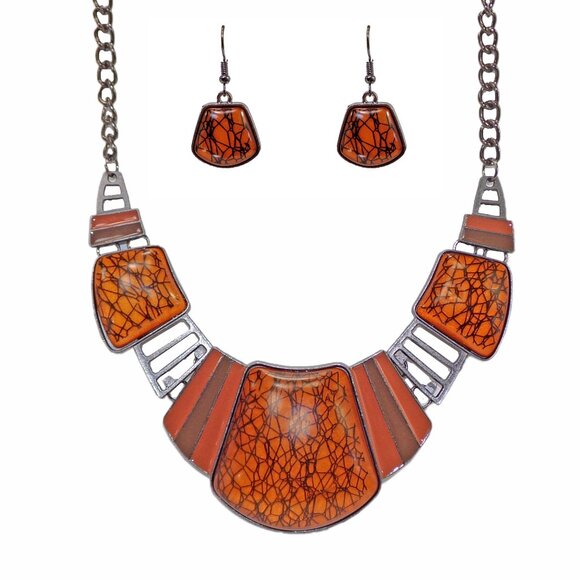 Large orange and black statment necklace and earring set w/ domed cabochon beads - Picture 1 of 7